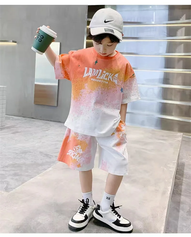 Teen T-shirts Clothes Sets Summer Boys Gradient Short Sleeve Tops+Shorts 2 Pcs Big Kids Casual Suits Children Print Outfits