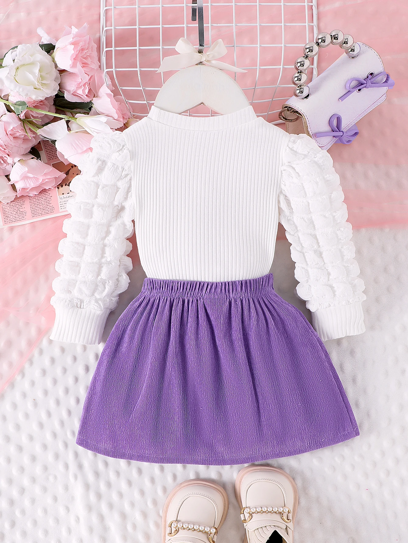 2PCS  Autumn New Style For Girls 1-3 Years Old, Comfortable And Sweet Bubble Sleeve Love Badge Top + Short Skirt Set