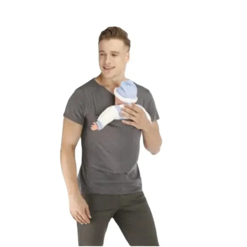 Kangaroo Pocket T-Shirt Nylon Cotton Father Mother Short Sleeves Tops Baby Summer Pregnancy Safety Carrier Feeding Clothing