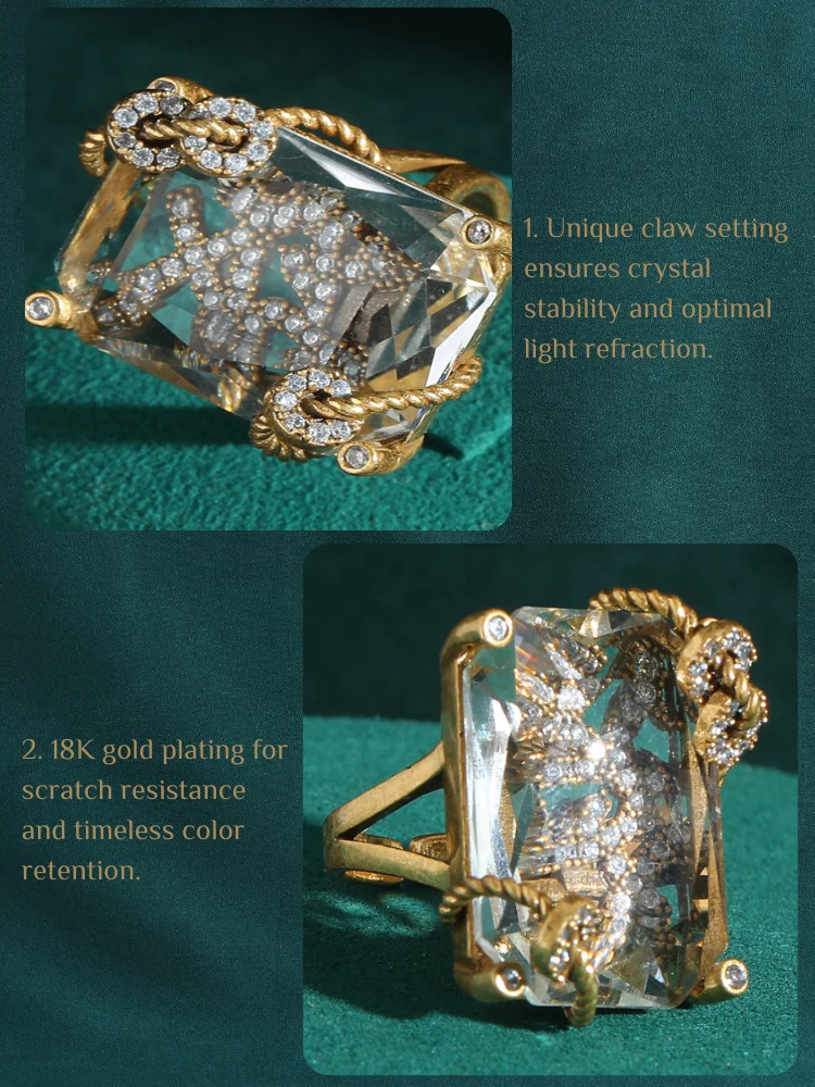 Vintage Luxury 18K Gold-Plated Natural Crystal Claw-Set Decorative Ring for Women - Fashionable Personal Gift