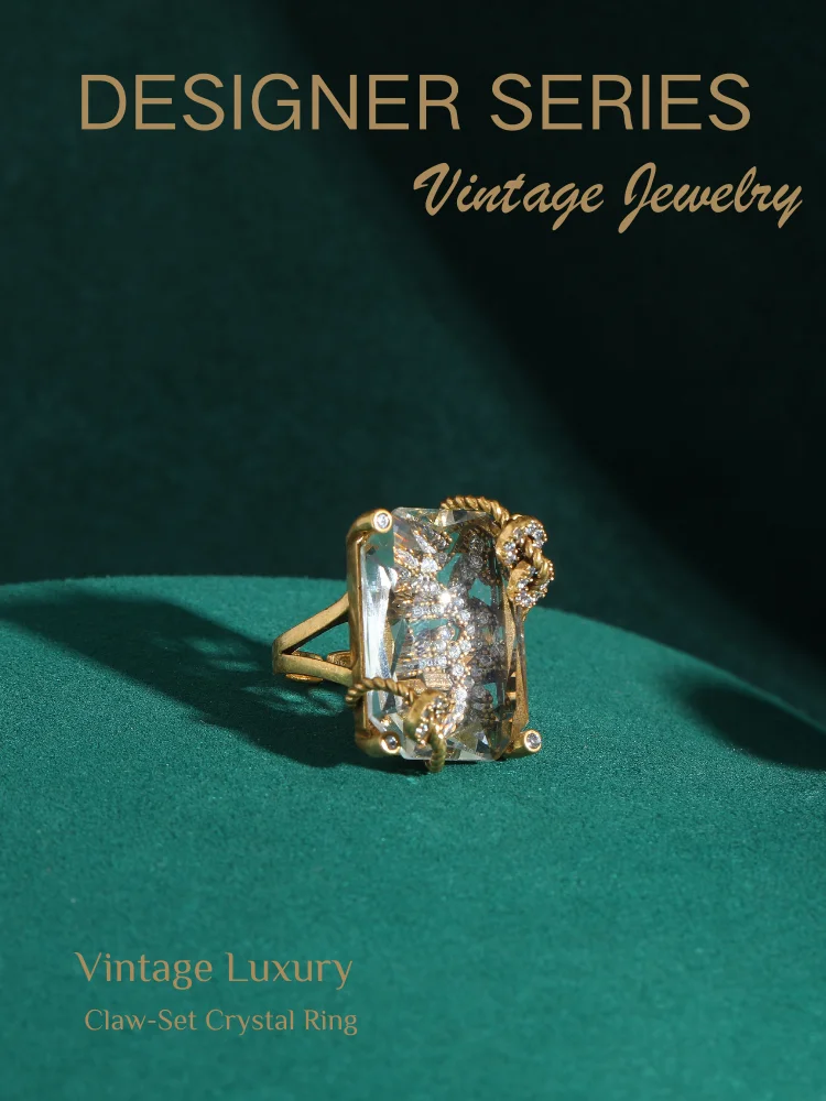 Vintage Luxury 18K Gold-Plated Natural Crystal Claw-Set Decorative Ring for Women - Fashionable Personal Gift