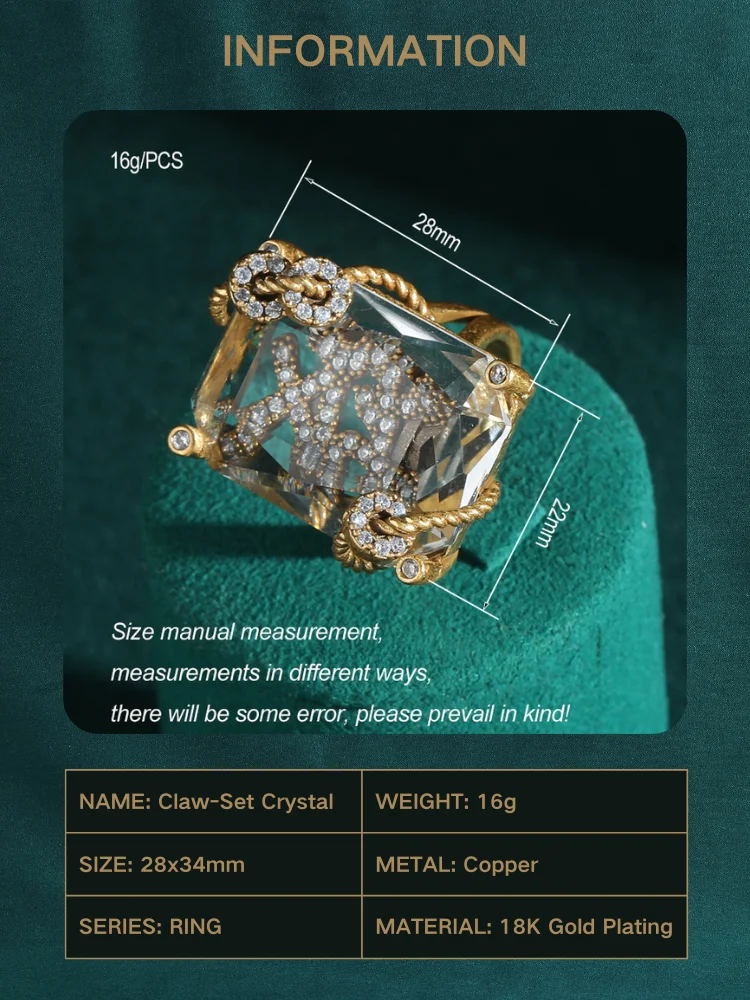 Vintage Luxury 18K Gold-Plated Natural Crystal Claw-Set Decorative Ring for Women - Fashionable Personal Gift