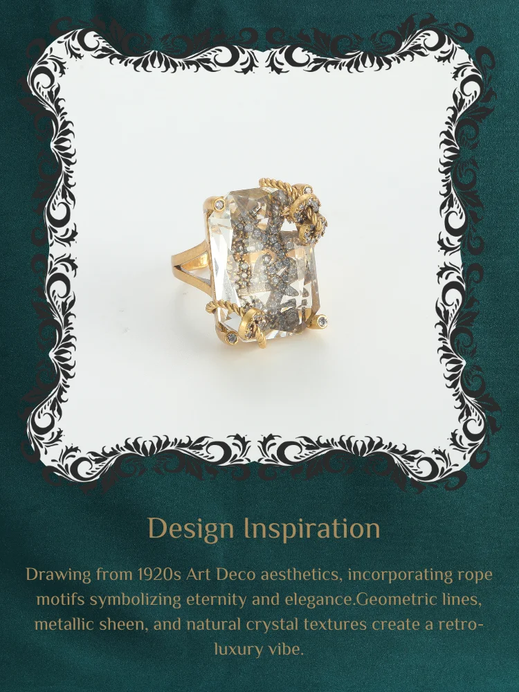 Vintage Luxury 18K Gold-Plated Natural Crystal Claw-Set Decorative Ring for Women - Fashionable Personal Gift