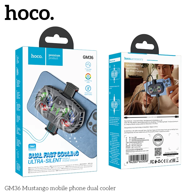 HOCO GM36 Dual Fan For Phone Ice Cooling Universal Mobile Phone Cooler Long Lasting Stronger Cooling Air Fan Digital Display
