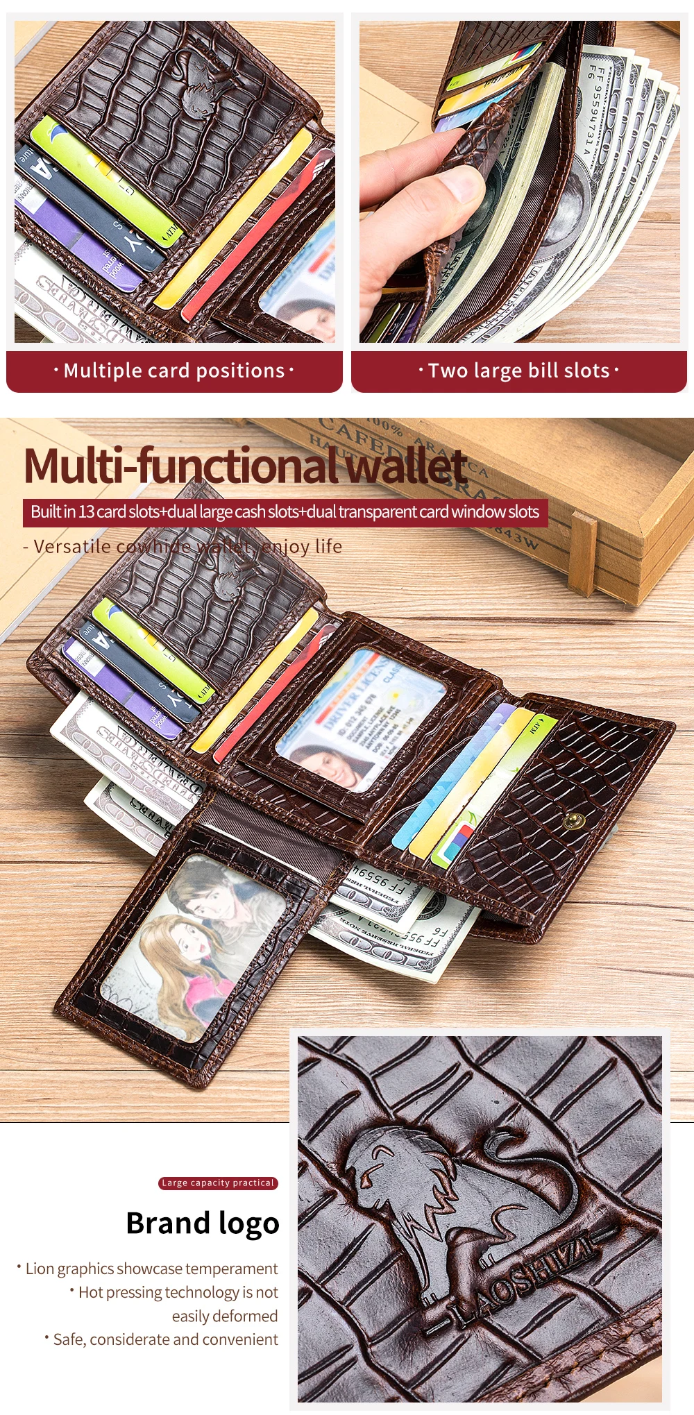 100% Leather Men's Wallet, Leather Short Multi Card Bag, Leather Men's Wallet, Crocodile Patterned Wallet