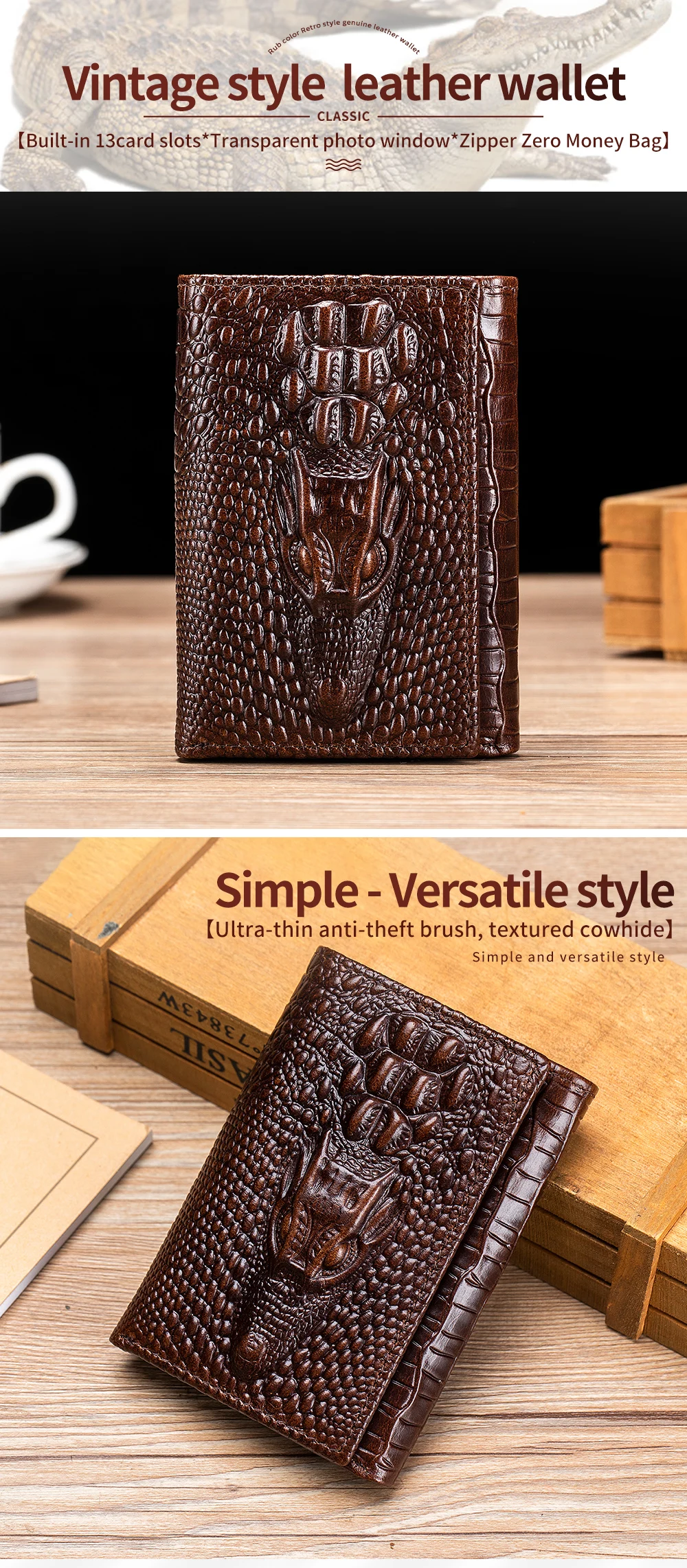 100% Leather Men's Wallet, Leather Short Multi Card Bag, Leather Men's Wallet, Crocodile Patterned Wallet
