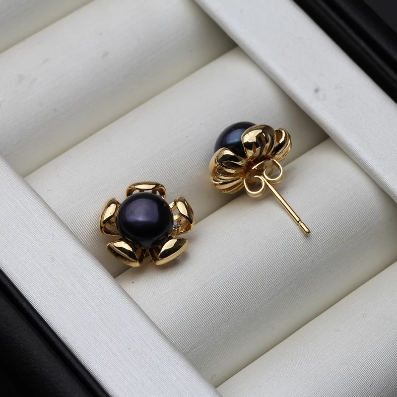 Real Cultured Freshwater Pearl Earring 925 Silver,Wedding Cute Black Pearl Stud Earrings Wife Girl Birthday
