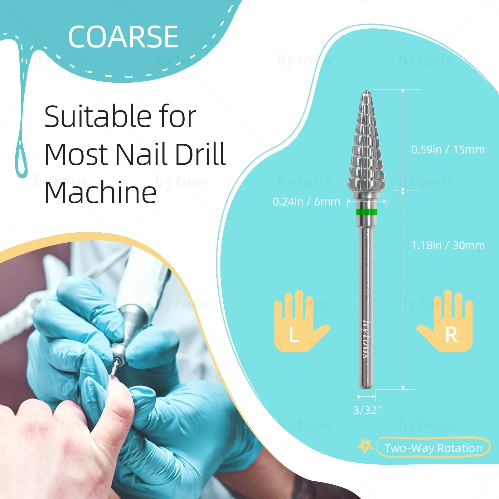 HYTOOS Two-way Cone Nail Drill Bits 15mm Taper Carbide Nail Bit Manicure Soft Gel Removal Nails Edge Cuticle Clean Tool