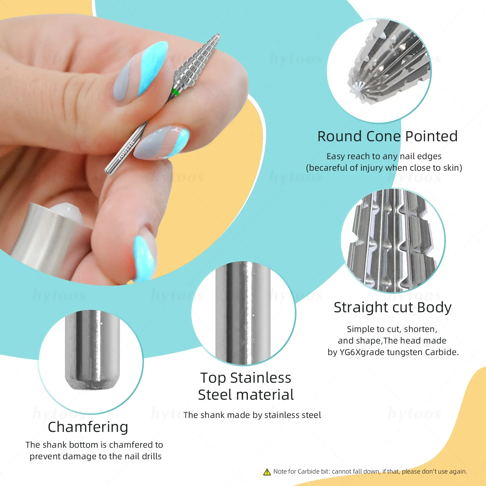 HYTOOS Two-way Cone Nail Drill Bits 15mm Taper Carbide Nail Bit Manicure Soft Gel Removal Nails Edge Cuticle Clean Tool