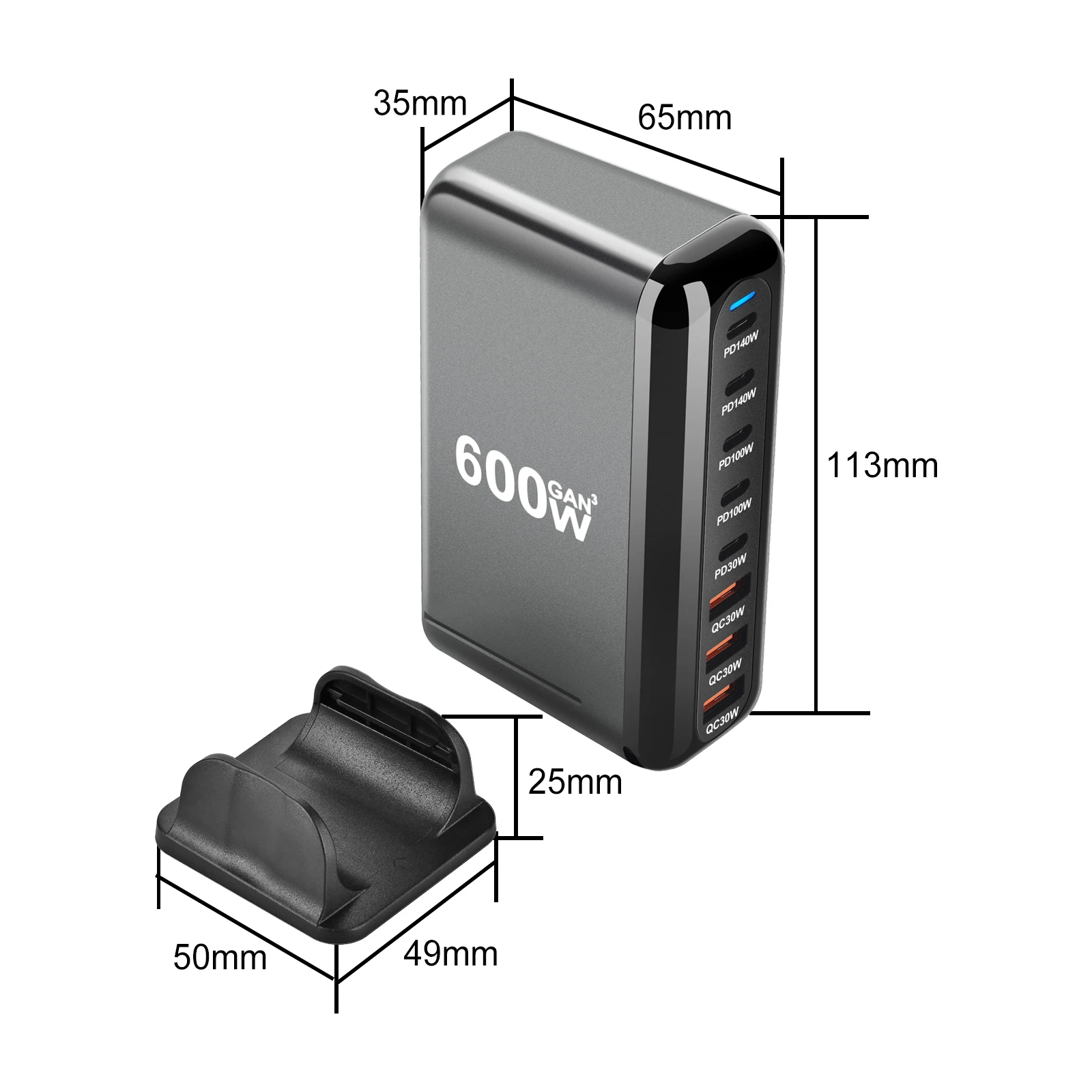 New 600W GaN Fast Charge 3.0 USB Type C Fast Charger with 8 Ports, 5C3A PD Charger for Phones and Tablets, Portable Design