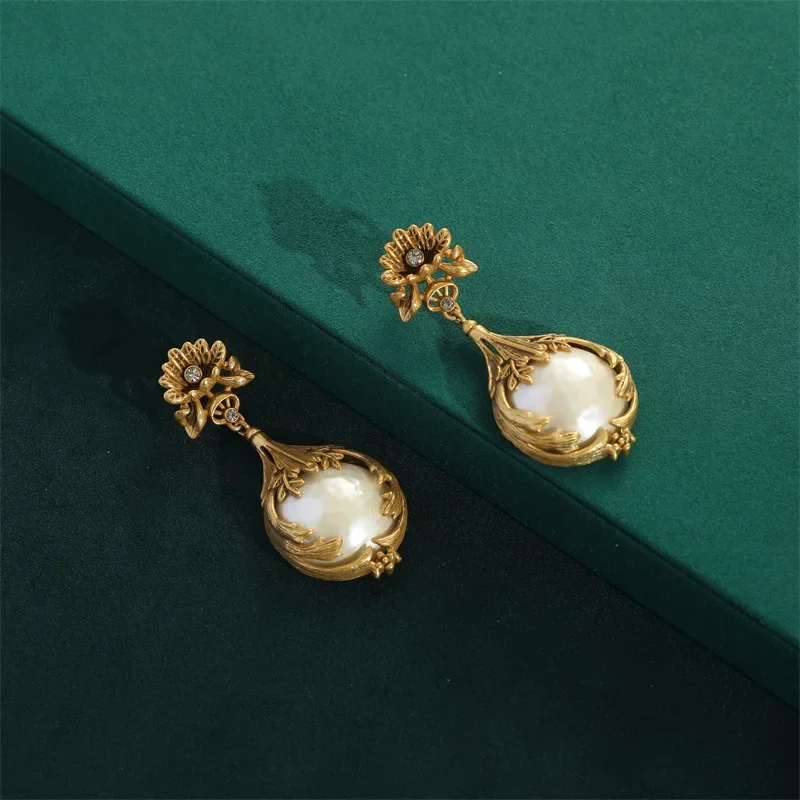 High Luxury Romantic Drop Baroque Pearl Pendant Vintage Jewelry Sets Cooper Flower Necklace Earring Ring Women Wedding Bride