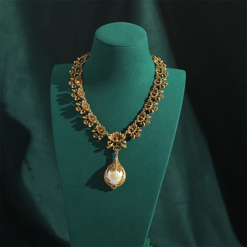 High Luxury Romantic Drop Baroque Pearl Pendant Vintage Jewelry Sets Cooper Flower Necklace Earring Ring Women Wedding Bride