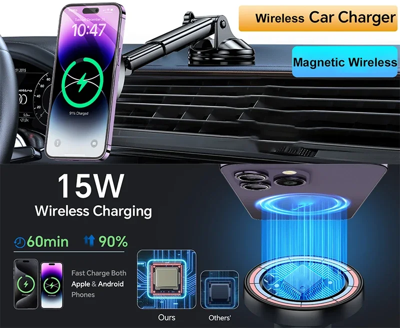 UYUXIO Strong Magnetic Wireless Car Phone Charger Adapter 15W Dashboard Windshield Car Phone Holder for iPhone 16 15 14 Pro Max