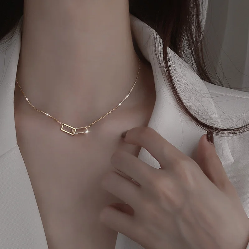 New S925 Silver Round Choker Zircon For Women Fashion Chain Minimalist Dainty Double Circle Pendant Necklace Neck Fine Jewelry