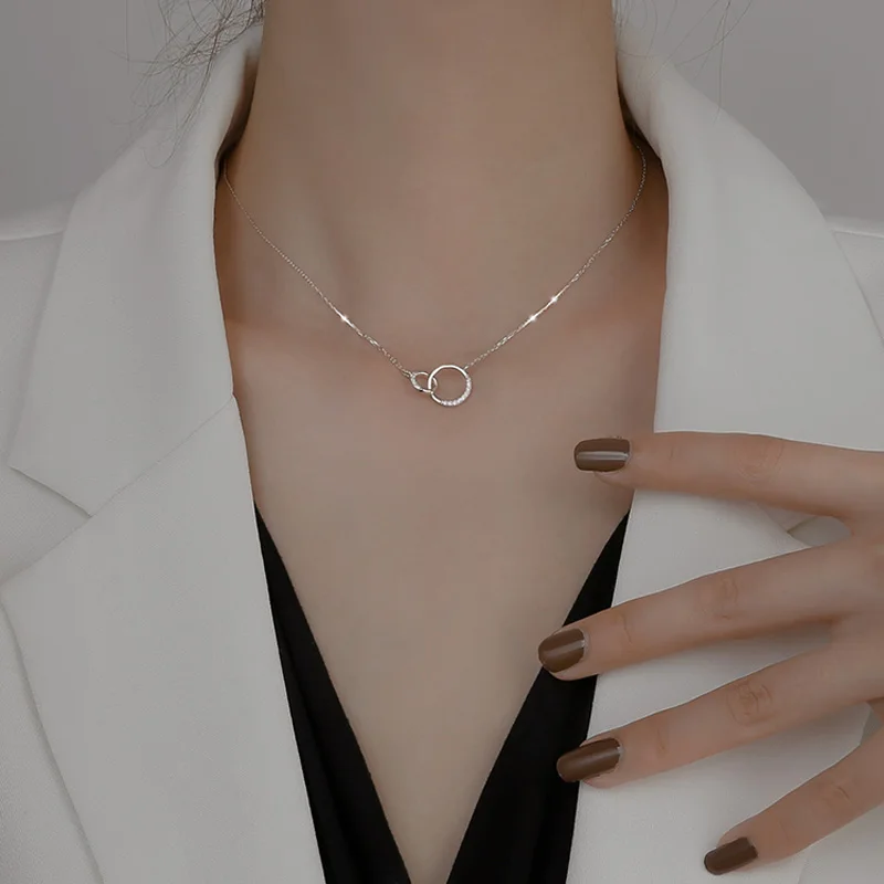 New S925 Silver Round Choker Zircon For Women Fashion Chain Minimalist Dainty Double Circle Pendant Necklace Neck Fine Jewelry