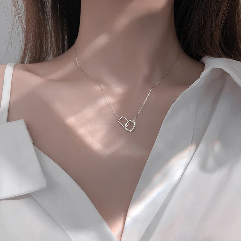 New S925 Silver Round Choker Zircon For Women Fashion Chain Minimalist Dainty Double Circle Pendant Necklace Neck Fine Jewelry