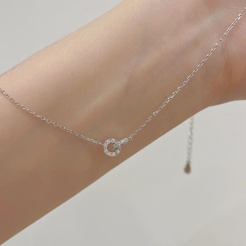 New S925 Silver Round Choker Zircon For Women Fashion Chain Minimalist Dainty Double Circle Pendant Necklace Neck Fine Jewelry