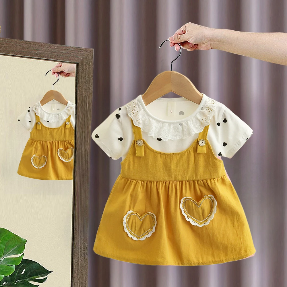 Girl Kid's Dress Summer Two Heart-Shaped Printed Casual Girls' Dress Sweet Baby Girl Clothes