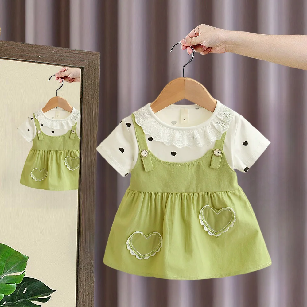 Girl Kid's Dress Summer Two Heart-Shaped Printed Casual Girls' Dress Sweet Baby Girl Clothes