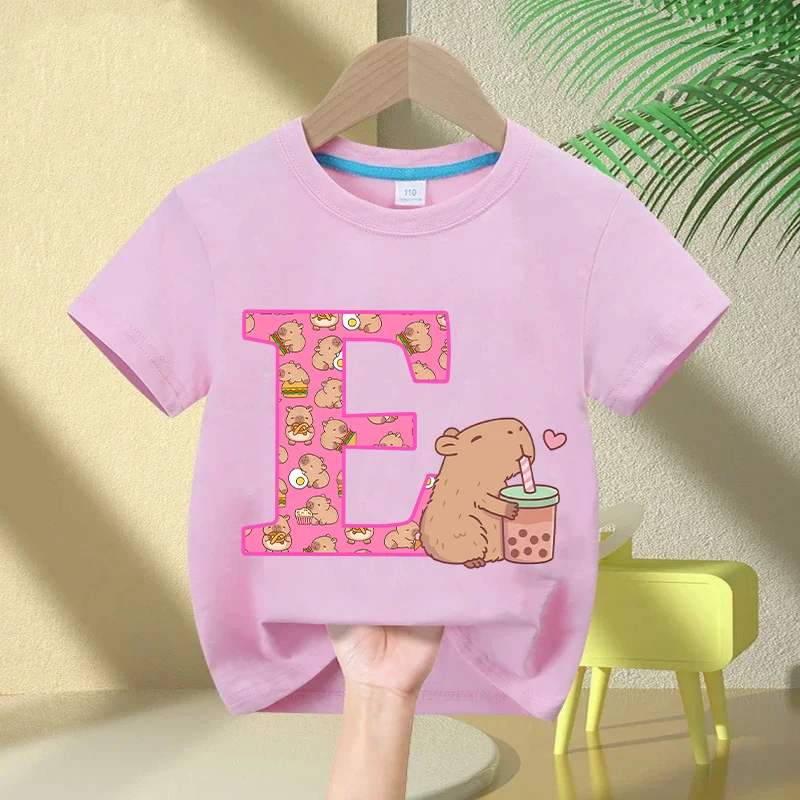 Kawaii Capybara T-shirt Girls New Anime Capibara Summer Tees Kids Letter A-Z Cute Short Sleeve Casual Tops Children Clothes Gift
