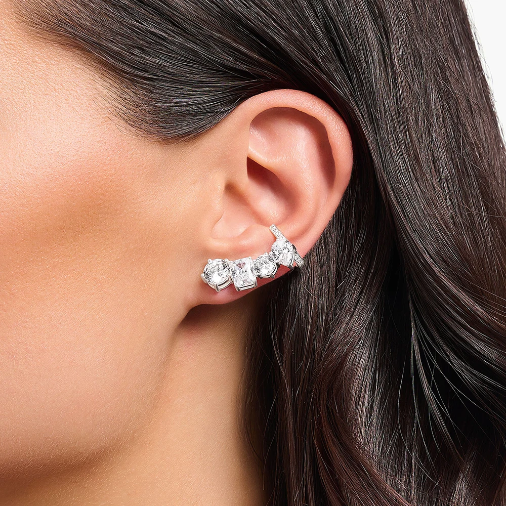 Silver Single Ear Stud Climber Style with White Zircon Europe Glam Fine Jewerly For Women Trendy Gift In 925 Sterling Silver