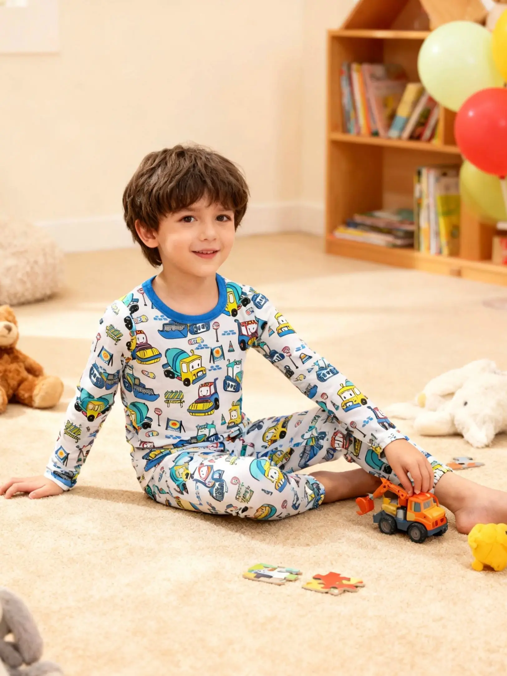 Boys Cartoon Engineering Car Pajamas Set 100% Cotton 2PC Loungewear Long Sleeve Elastic Cuffs Soft Sleepwear For Kids 1-8 Years