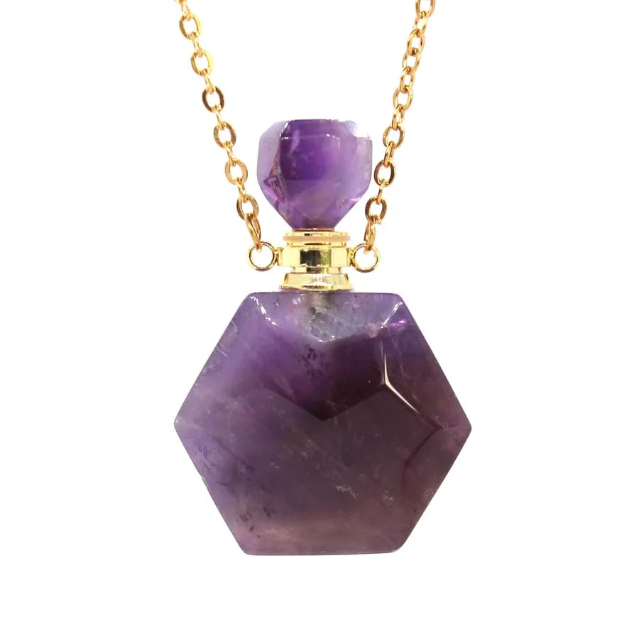 Natural Amethyst Crystal Hexagon Stone Perfume Bottle Pendant Necklace For Women Quartz Gemstone Essential Oil Diffuser Jewelry