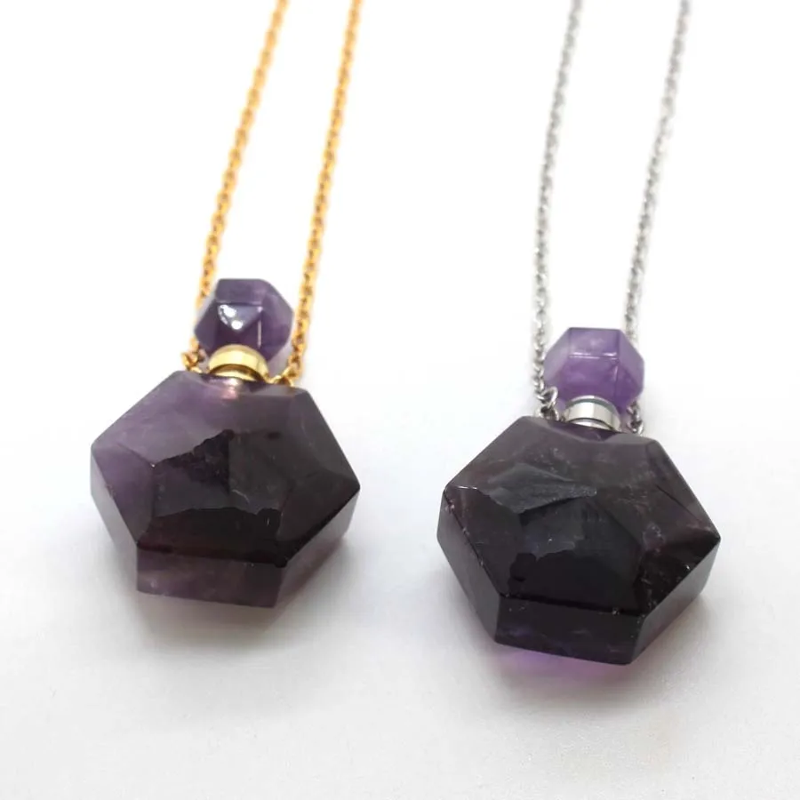 Natural Amethyst Crystal Hexagon Stone Perfume Bottle Pendant Necklace For Women Quartz Gemstone Essential Oil Diffuser Jewelry