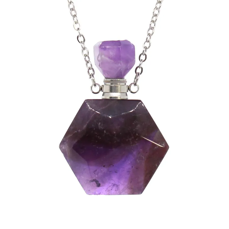 Natural Amethyst Crystal Hexagon Stone Perfume Bottle Pendant Necklace For Women Quartz Gemstone Essential Oil Diffuser Jewelry