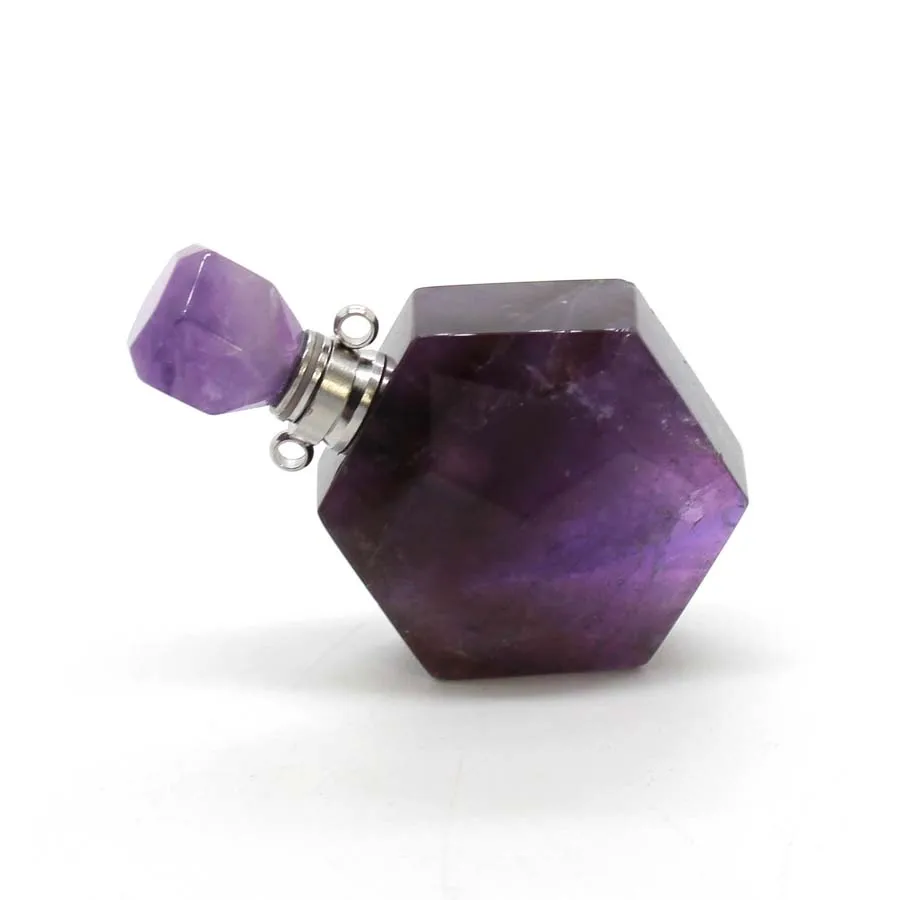 Natural Amethyst Crystal Hexagon Stone Perfume Bottle Pendant Necklace For Women Quartz Gemstone Essential Oil Diffuser Jewelry