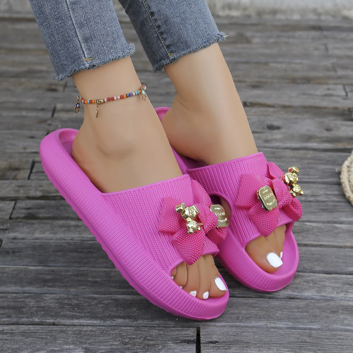 Summer Women Slip-On Slippers Adorable Metallic Bear Bow Decor Slides Vacation Beach Walks Shower Versatile Multi-Color Sandals