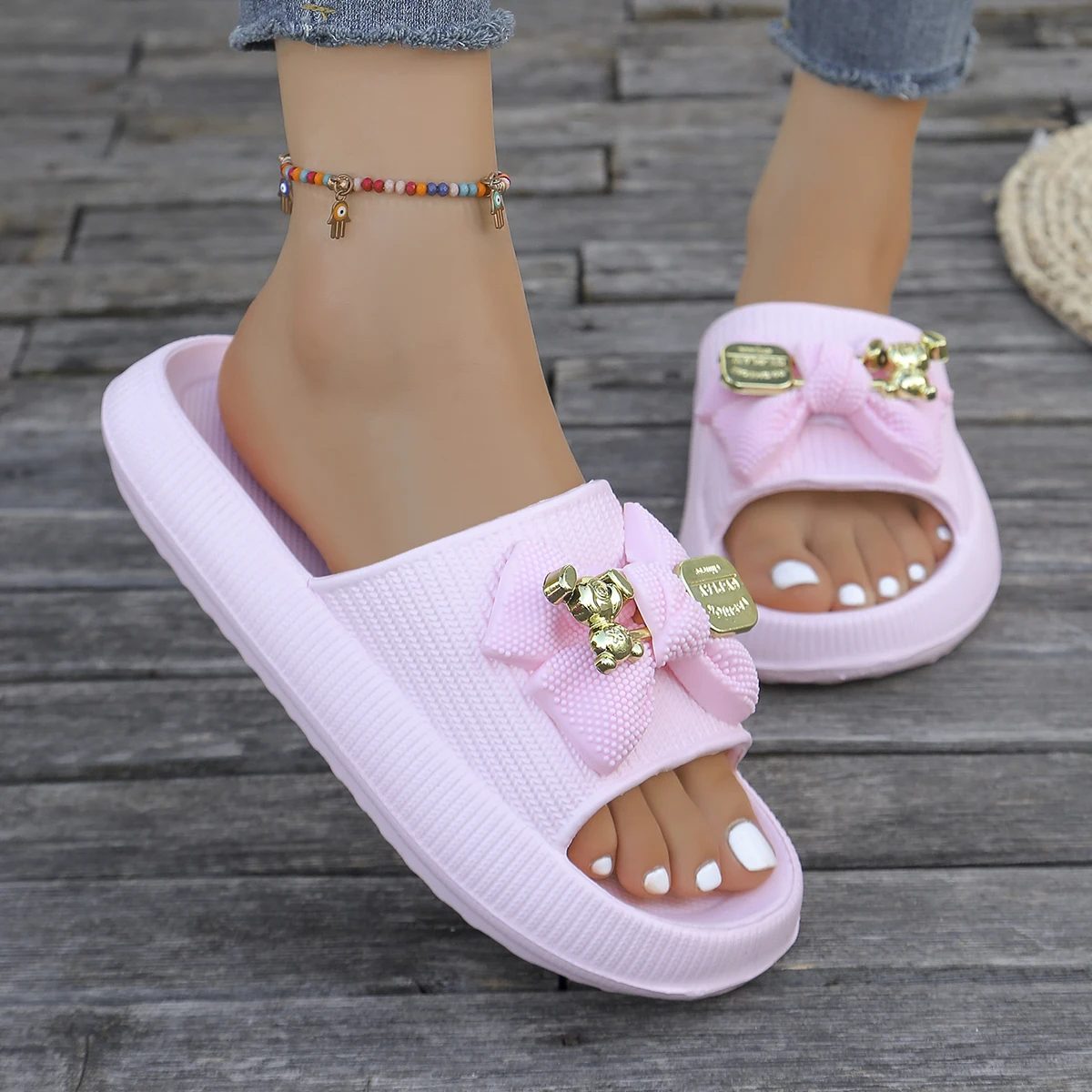 Summer Women Slip-On Slippers Adorable Metallic Bear Bow Decor Slides Vacation Beach Walks Shower Versatile Multi-Color Sandals