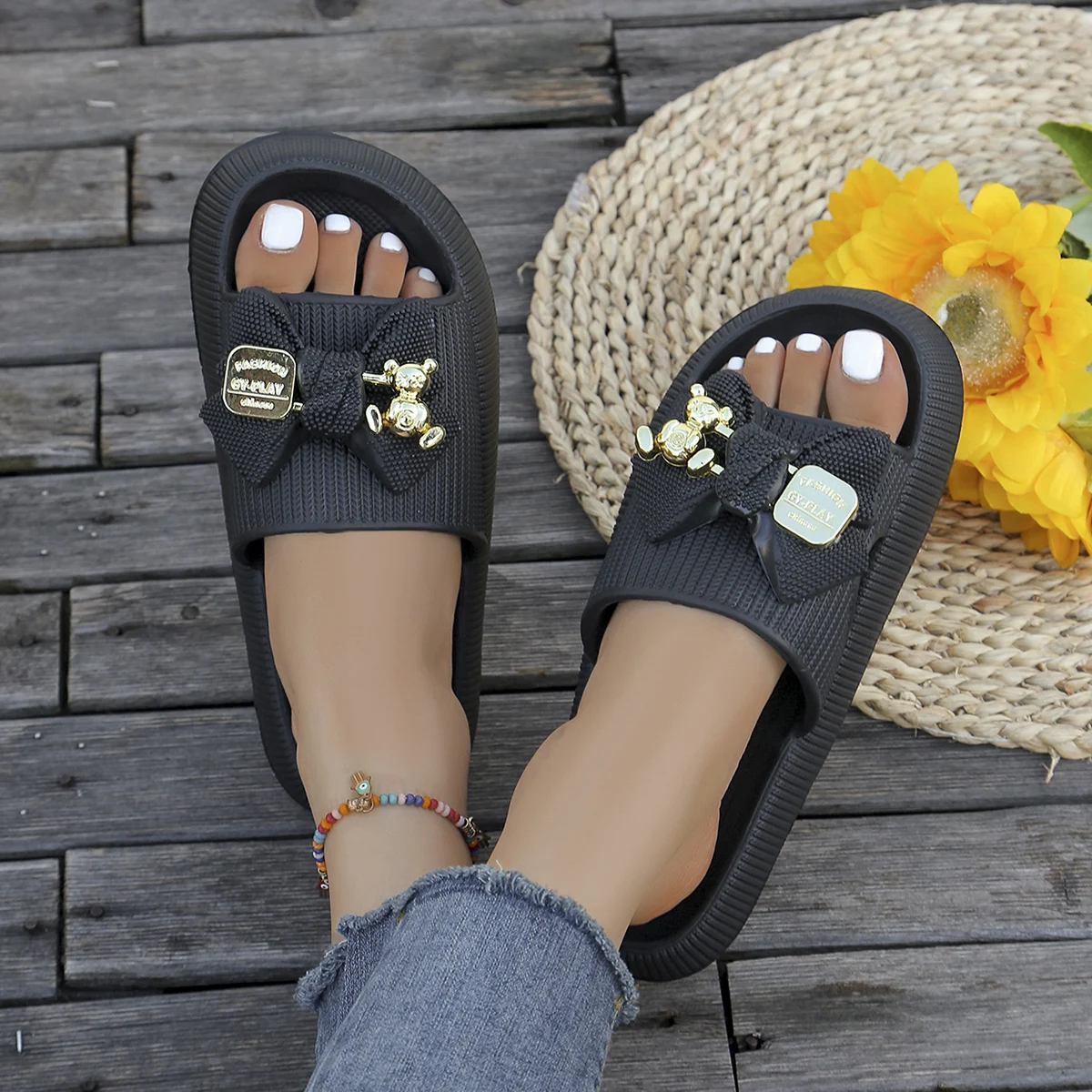 Summer Women Slip-On Slippers Adorable Metallic Bear Bow Decor Slides Vacation Beach Walks Shower Versatile Multi-Color Sandals