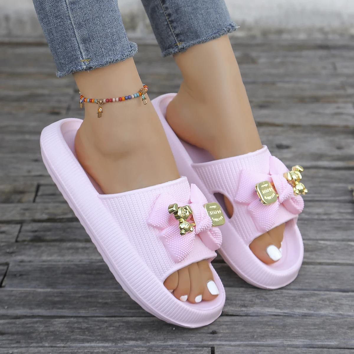 Summer Women Slip-On Slippers Adorable Metallic Bear Bow Decor Slides Vacation Beach Walks Shower Versatile Multi-Color Sandals