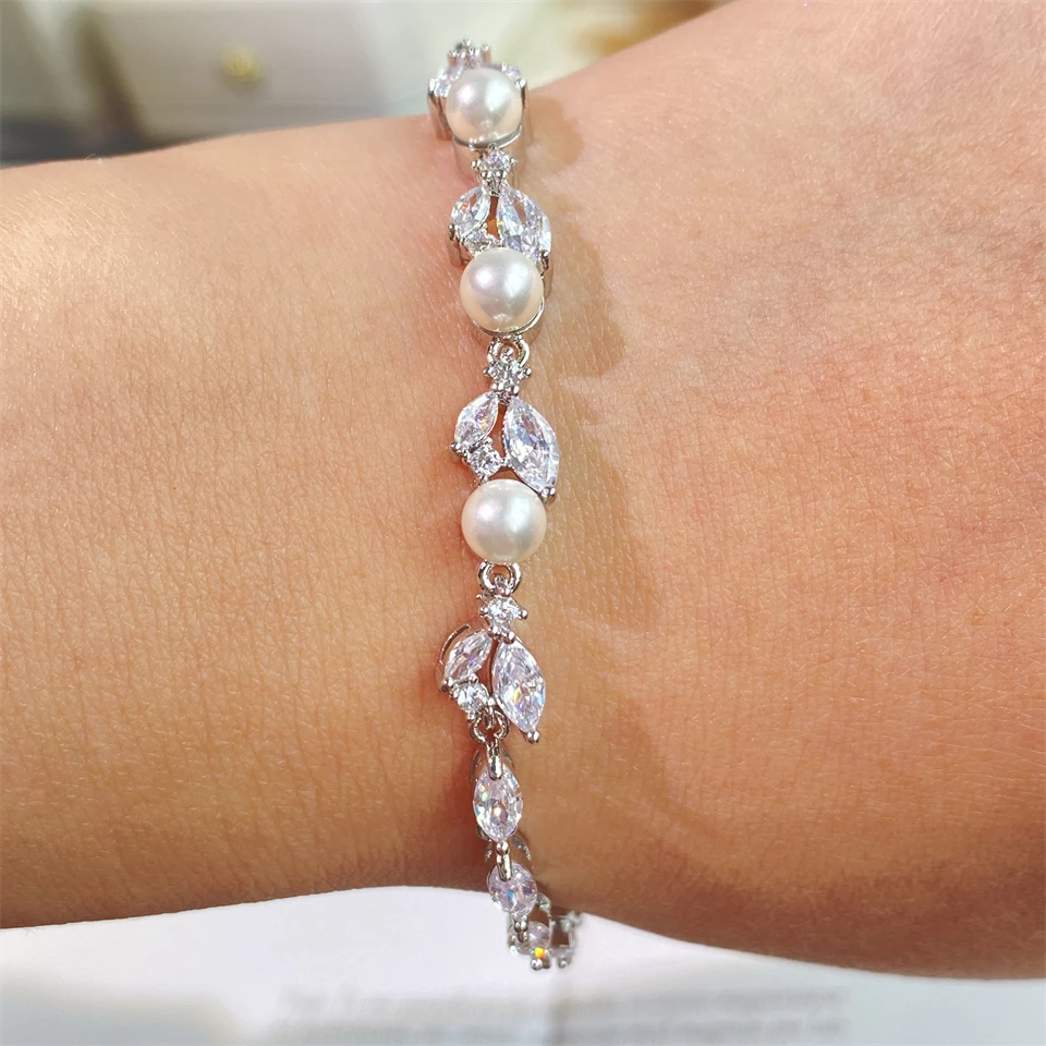 ZAKOL New Classic Leaf Zircon Imitation Pearl Charm Bracelets for Women Wedding Bride Bracelet Female Stylish Jewelry