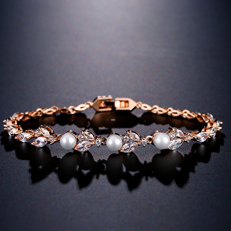ZAKOL New Classic Leaf Zircon Imitation Pearl Charm Bracelets for Women Wedding Bride Bracelet Female Stylish Jewelry
