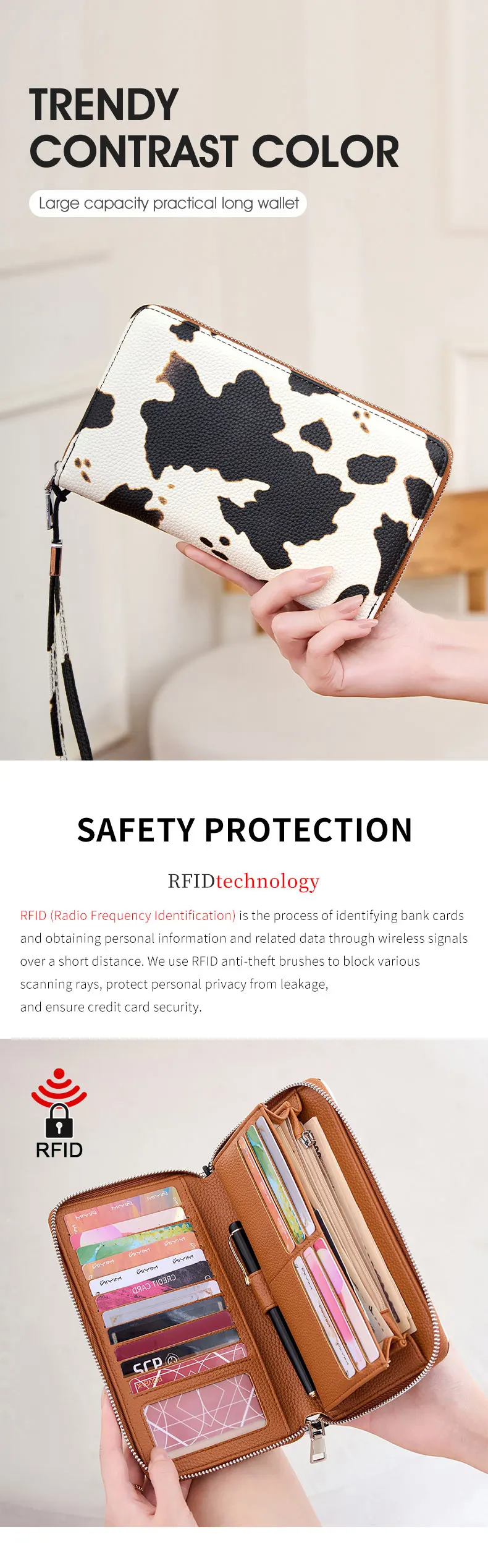 MIYIN Women Wallet RFID Blocking High Quality PU Leather Zipper Wallet Large Capacity Long Wallet Credit Card Clutch Wristlet Wa