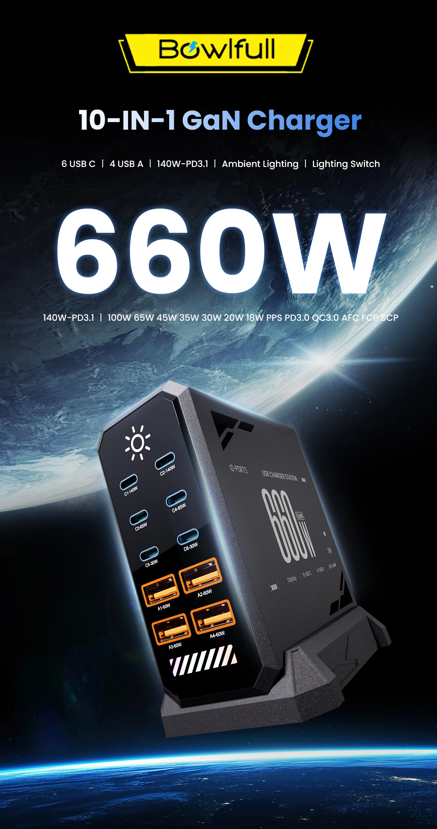 660W GaN USB C Charger Station 10 Port Fast Charger Type C PD3.1 PD3.0 PPS Quick Charger For Macbook Pro iPad iPhone 16 Samsung