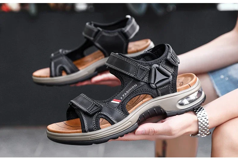 New Summer Genuine Leather Men Sandals Fashion Design Breathable Casual Shoes Men Soft Bottom Outdoor Beach Sandals Big Size 46