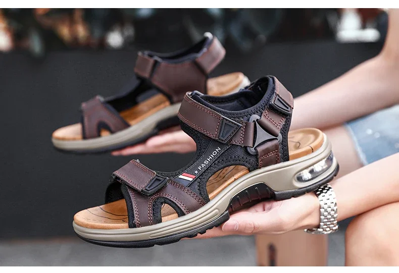 New Summer Genuine Leather Men Sandals Fashion Design Breathable Casual Shoes Men Soft Bottom Outdoor Beach Sandals Big Size 46
