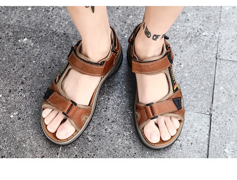 New Summer Genuine Leather Men Sandals Fashion Design Breathable Casual Shoes Men Soft Bottom Outdoor Beach Sandals Big Size 46