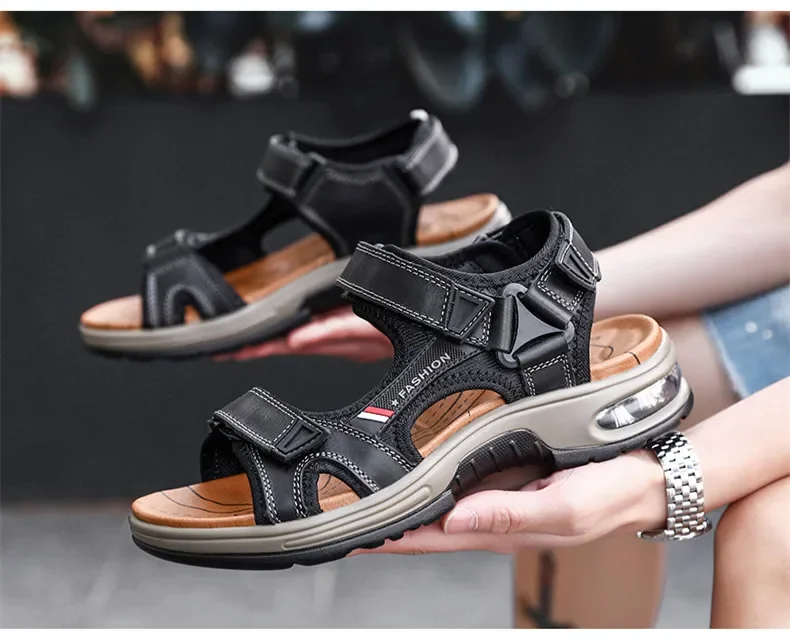 New Summer Genuine Leather Men Sandals Fashion Design Breathable Casual Shoes Men Soft Bottom Outdoor Beach Sandals Big Size 46