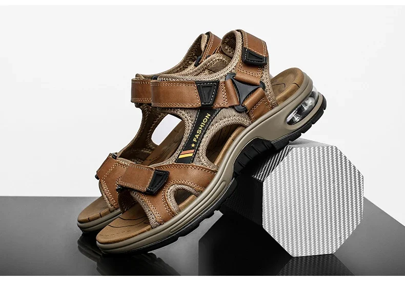 New Summer Genuine Leather Men Sandals Fashion Design Breathable Casual Shoes Men Soft Bottom Outdoor Beach Sandals Big Size 46