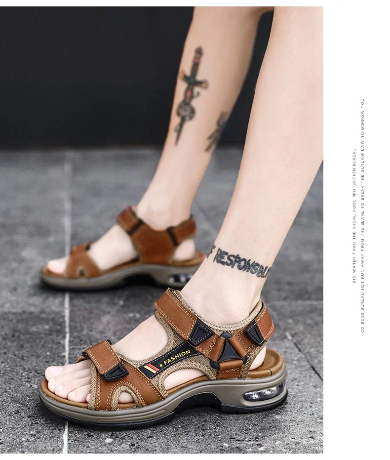 New Summer Genuine Leather Men Sandals Fashion Design Breathable Casual Shoes Men Soft Bottom Outdoor Beach Sandals Big Size 46