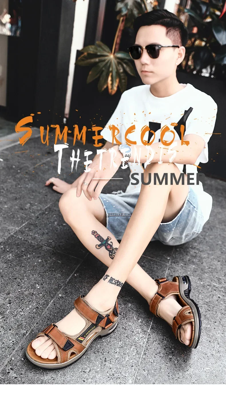 New Summer Genuine Leather Men Sandals Fashion Design Breathable Casual Shoes Men Soft Bottom Outdoor Beach Sandals Big Size 46