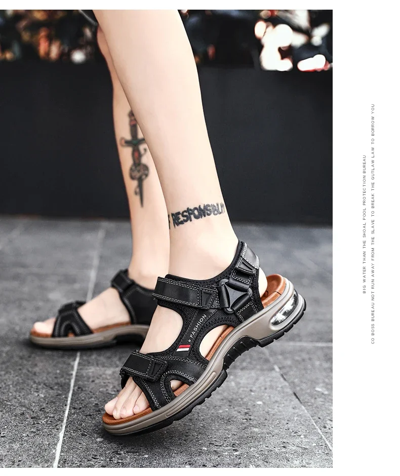 New Summer Genuine Leather Men Sandals Fashion Design Breathable Casual Shoes Men Soft Bottom Outdoor Beach Sandals Big Size 46