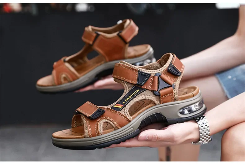 New Summer Genuine Leather Men Sandals Fashion Design Breathable Casual Shoes Men Soft Bottom Outdoor Beach Sandals Big Size 46