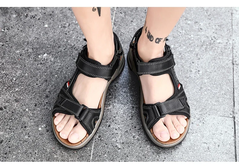 New Summer Genuine Leather Men Sandals Fashion Design Breathable Casual Shoes Men Soft Bottom Outdoor Beach Sandals Big Size 46