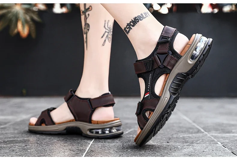 New Summer Genuine Leather Men Sandals Fashion Design Breathable Casual Shoes Men Soft Bottom Outdoor Beach Sandals Big Size 46