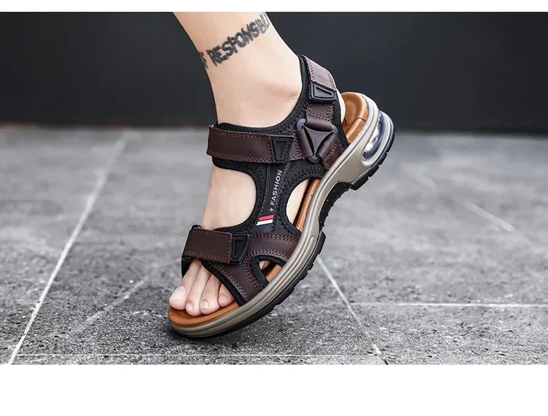 New Summer Genuine Leather Men Sandals Fashion Design Breathable Casual Shoes Men Soft Bottom Outdoor Beach Sandals Big Size 46